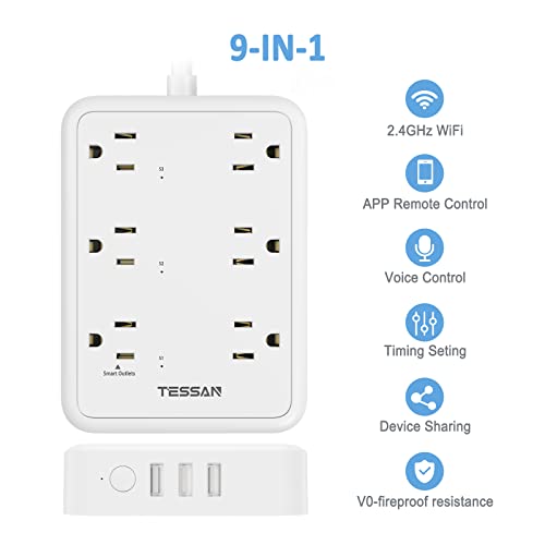 Smart Power Strip, TESSAN WiFi Flat Plug Strip with 3 Smart Outlets and 3 USB Ports, 6 Feet Extension Cord, Wall Mountable Surge Protector, Compatible with Alexa and Google Home, White