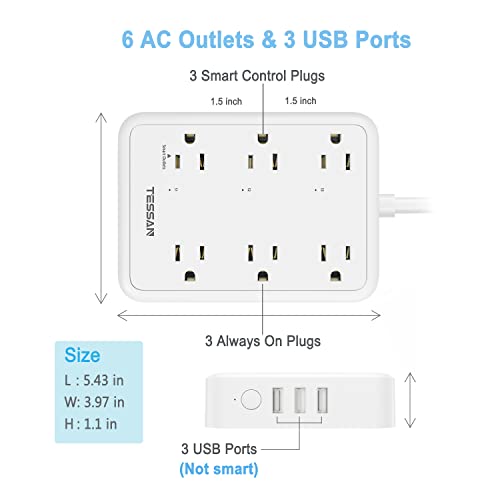 Smart Power Strip, TESSAN WiFi Flat Plug Strip with 3 Smart Outlets and 3 USB Ports, 6 Feet Extension Cord, Wall Mountable Surge Protector, Compatible with Alexa and Google Home, White