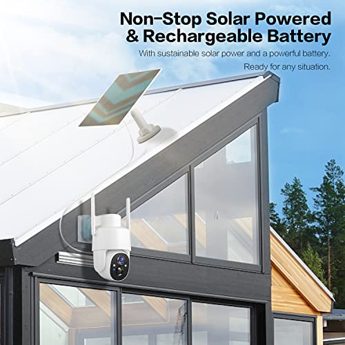 GMK Solar Security Cameras Wireless Outdoor, 2K Pan Tilt 360° View Battery Powered 2-Way Talk Outdoor Camera Wireless 3MP PTZ WiFi Surveillance Cam Cloud/SD Storage Color Night Vision Spotlight/Siren