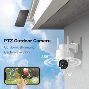 GMK Solar Security Cameras Wireless Outdoor, 2K Pan Tilt 360° View Battery Powered 2-Way Talk Outdoor Camera Wireless 3MP PTZ WiFi Surveillance Cam Cloud/SD Storage Color Night Vision Spotlight/Siren