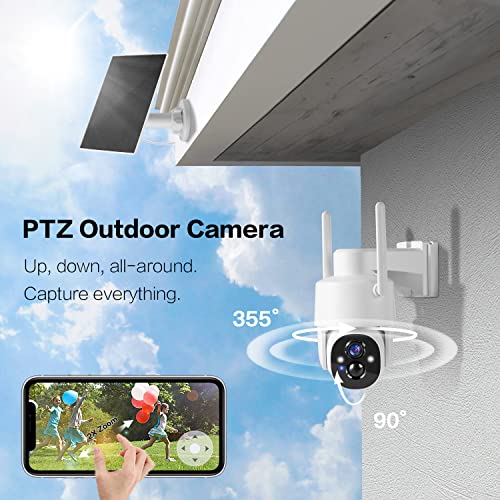 GMK Solar Security Cameras Wireless Outdoor, 2K Pan Tilt 360° View Battery Powered 2-Way Talk Outdoor Camera Wireless 3MP PTZ WiFi Surveillance Cam Cloud/SD Storage Color Night Vision Spotlight/Siren