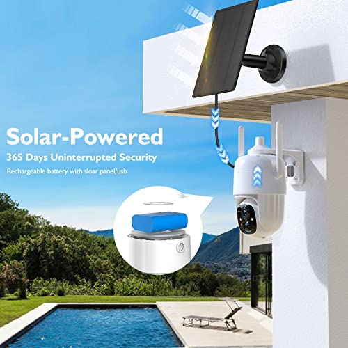 Allweviee Solar Security Cameras Wireless Outdoor, 2K 3MP Pan Tilt 355° View IP65 Waterproof Rechargeable Battery Powered PTZ WiFi Camera with PIR, Color Night Vision,2-Way Talk, 4dbi Antenna,Cloud/SD