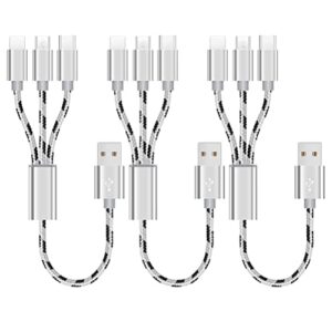 3pack 1ft multi charging cable short multi charger cable 3a fast charge usb multi cable 3 in 1 universal charging cord nylon braided 3-1 multiple connectors for cell phones and more(silver)