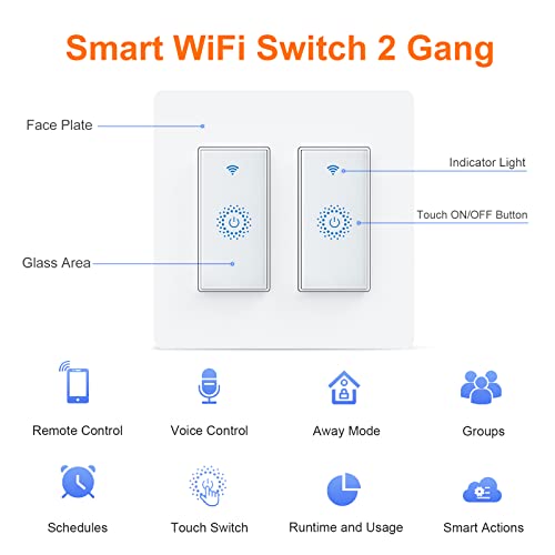 Smart Switch, Smart Light Touch Switch 2 Gang, Double Smart WiFi Light Switches, Smart Switch 2 Gang Compatible with Alexa and Google Home, Neutral Wire Needed, No hub Required (2Gang)