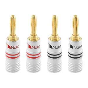 nakamichi excel series 24k gold plated banana plug 12 awg – 18 awg gauge size 4mm for speakers amplifier hi-fi av receiver stereo home theatre radio audio wire cable screw connector 4 pcs (2-pairs)