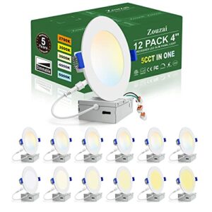 zouzai 12 pack 4 inch 5cct ultra-thin led recessed ceiling light with junction box, 2700k/3000k/3500k/4000k/5000k selectable, 9.5w 80w eqv, dimmable, led can lights – etl certified
