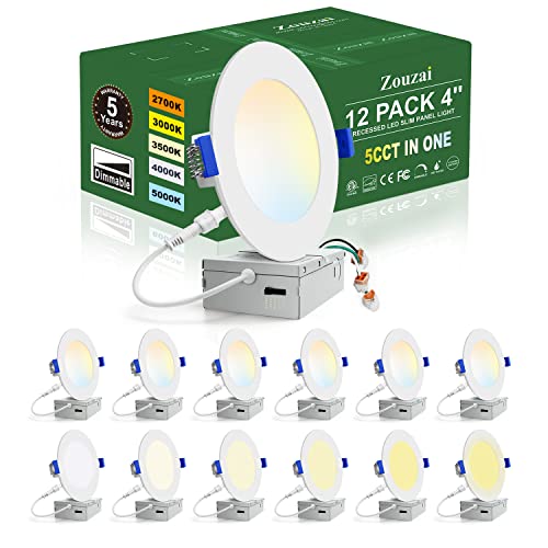 zouzai 12 Pack 4 Inch 5CCT Ultra-Thin LED Recessed Ceiling Light with Junction Box, 2700K/3000K/3500K/4000K/5000K Selectable, 9.5W 80W Eqv, Dimmable, led can Lights - ETL Certified