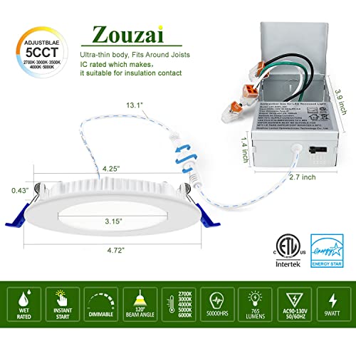 zouzai 12 Pack 4 Inch 5CCT Ultra-Thin LED Recessed Ceiling Light with Junction Box, 2700K/3000K/3500K/4000K/5000K Selectable, 9.5W 80W Eqv, Dimmable, led can Lights - ETL Certified