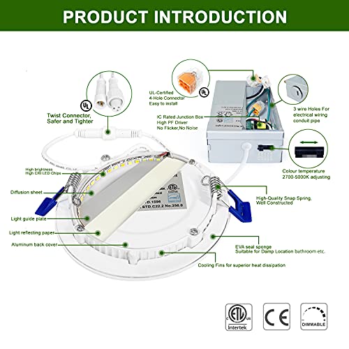 zouzai 12 Pack 4 Inch 5CCT Ultra-Thin LED Recessed Ceiling Light with Junction Box, 2700K/3000K/3500K/4000K/5000K Selectable, 9.5W 80W Eqv, Dimmable, led can Lights - ETL Certified