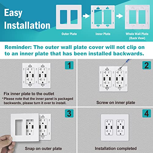 CML Screwless Decorator Wall Plate, 2 Gang Outlet Covers, 4 Pack Decorative Light Switch Plates, Hidden Screw Smooth Face, Standard Size 4.68”X 4.72”, Impact Resistant, White