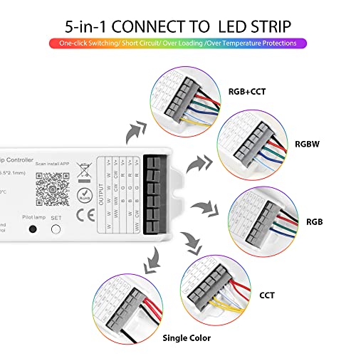 XXK LM052 ZigBee 3.0 LED Strip Controller RGB CCT RGBW 5in1 Dimmable Compatible with Smart Life APP/Alexa Echo/Google Assistant Home/Siri, DC12-24V Lights Controller（Require ZigBee Hub）