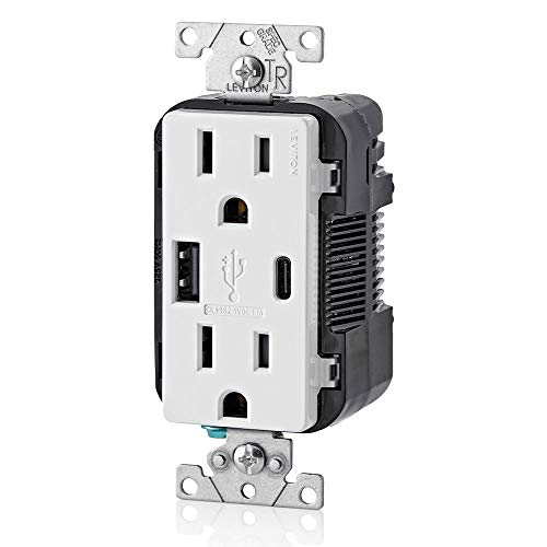 Leviton T5633-W 15-Amp Type A & Type-C USB Charger/Tamper Resistant Outlet, Not for Laptops, White