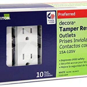 Leviton T5325-WMP 15 Amp 125 Volt, Tamper Resistant, Decora Duplex Receptacle, Straight Blade, Grounding, White M22-Straight, 125 V, 2 Pole, 3 Wire, 10 Pack