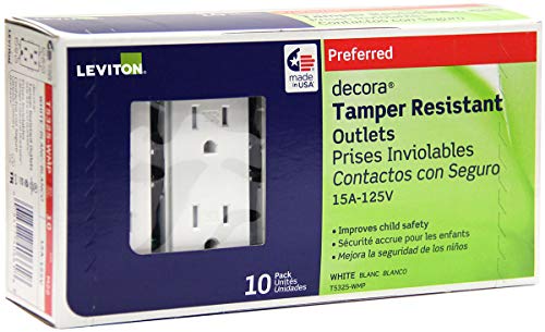 Leviton T5325-WMP 15 Amp 125 Volt, Tamper Resistant, Decora Duplex Receptacle, Straight Blade, Grounding, White M22-Straight, 125 V, 2 Pole, 3 Wire, 10 Pack