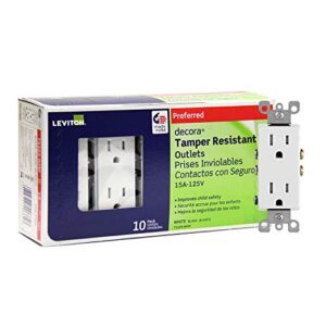 Leviton T5325-WMP 15 Amp 125 Volt, Tamper Resistant, Decora Duplex Receptacle, Straight Blade, Grounding, White M22-Straight, 125 V, 2 Pole, 3 Wire, 10 Pack