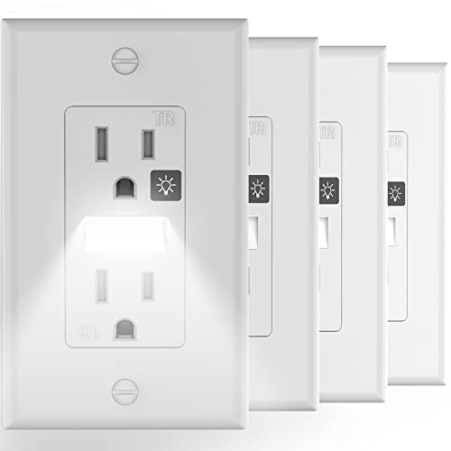 SOZULAMP Decorator Receptacle Outlet with LED Night Light,15A 125V,2 Pole 3 Wire,Tamper Resistant(TR) Electrical Standard Wall Outlets with Nightlight (4 Pack,White)