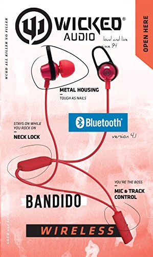 Wicked Audio Bandido Wireless — Bluetooth Earbuds with Microphone and Track Control — Wireless Headset with Metal Housing, Loop and Fin Attachments and Enhanced Bass — Red