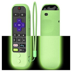 silicone remote case for roku ultra 2017/2018(4661) remote control protective cover for roku ultra 4661r with power button remote anti-slip anti-lost with hand strap (glow in dark green)