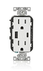 leviton t5633-bw 3 pack 15a 125v decora tamper resistant type a and type c usb charger duplex receptacle outlet, white