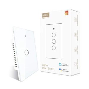 moes zigbee smart touch wall light switch,requires tuya zigbee hub,no neutral wire/n+l wiring,no capacitor,smart life tuya 2/3 way remote control, work with alexa google home, 2mqtt,1 gang white