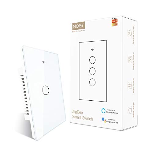 MOES ZigBee Smart Touch Wall Light Switch,Requires Tuya ZigBee Hub,No Neutral Wire/N+L Wiring,No Capacitor,Smart Life Tuya 2/3 Way Remote Control, Work with Alexa Google Home, 2MQTT,1 Gang White