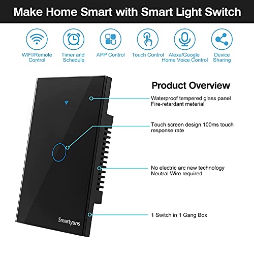 Smartyuns Smart Light Switch Black, WiFi Tempered Glass Panel Touch Light Switch with LED Indicator, US Standard Wall Switch Compatible, Google Assistant,"SmartLife" APP(1 Gang Light Switch)