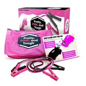 pretty pink and tough deluxe jumper cable set – pink jumper cables for teen girls and women – 12-ft, pink and black carry pouch, instruction card,