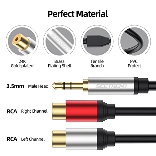 SCETREND RCA Female to 3.5mm Male, 3.5mm Aux to 2 RCA Female Y Adapter,Gold Plated Plugs Jack Stereo Audio Cable, Compatible with Stereo Speaker, HiFi Stereo System, Tablets, MP3 12 Inch 1FT