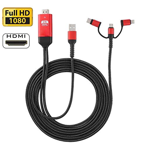 3 in 1 HDMI Cable Adapter Type C/Micro USB/Phone MHL to HDMI Mirroring Phone to TV/Projector/Monitor HDTV 1080P Compatible with Phone Series XS/Android 5.0 and IO'S9 Above