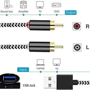 USB to 2-Male RCA Audio Aux Cable for PC Stereo Y Splitter Cord Jack Adapter Compatible with USB A Laptop, Linux,Windows, Desktops and More Device for Amplifiers, Home Theater, Speaker (6.6Feet)