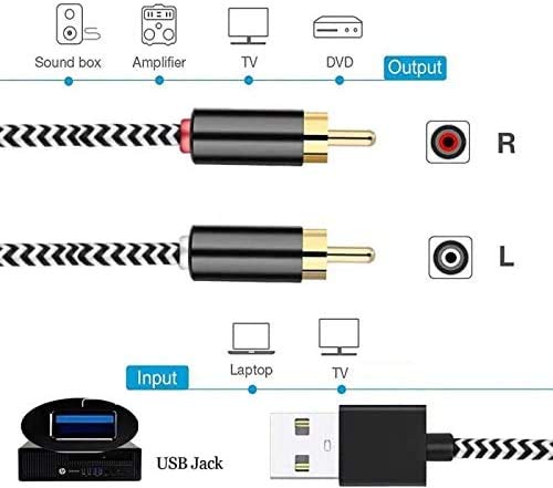 USB to 2-Male RCA Audio Aux Cable for PC Stereo Y Splitter Cord Jack Adapter Compatible with USB A Laptop, Linux,Windows, Desktops and More Device for Amplifiers, Home Theater, Speaker (6.6Feet)