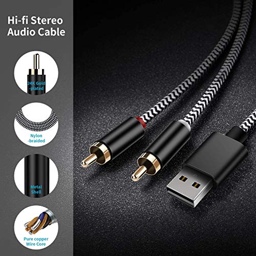 USB to 2-Male RCA Audio Aux Cable for PC Stereo Y Splitter Cord Jack Adapter Compatible with USB A Laptop, Linux,Windows, Desktops and More Device for Amplifiers, Home Theater, Speaker (6.6Feet)