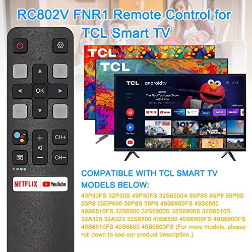 RC802V FNR1 Voice Remote Control for TCL All Android 4K UHD Smart Televisions TVs Replacement with Netflix and YouTube Keys