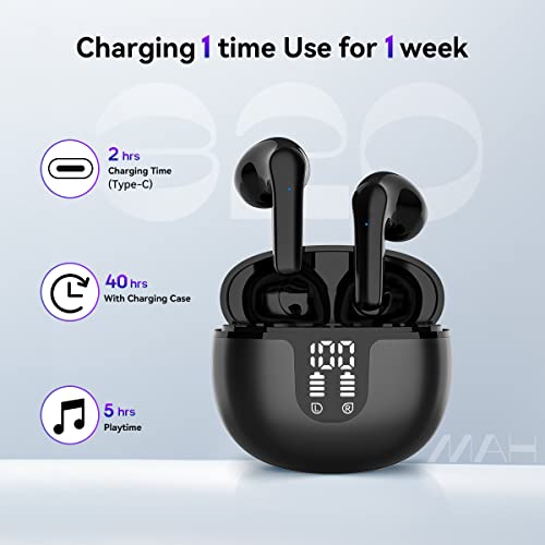 AITYYOX Bluetooth Headphones Wireless Earbuds 40H Playtime with IPX5 Waterproof LED Power Display Charging Case Smart Touch Control Ear Buds Built in Mic for Sports for Android iOS PC Black