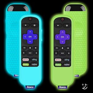2 pack silicone protective cases compatible with tcl roku tv steaming stick 3600r remote control, lightweight shockproof tv remote cover anti slip remote controller cover skin (glow blue + glow green)