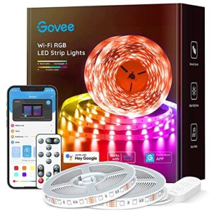 govee 65.6ft alexa led strip lights, smart wifi rgb rope light works with alexa google assistant, remote app control lighting kit, music sync color changing lights for bedroom, living room, kitchen