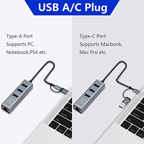 USB C to Ethernet Adapter YICORPS 3 Port USB 3.0 Expander Hub to RJ45 LAN with Gigabit Ethernet LAN Adapter for MacBook/Windows 10/8.1/Surface Pro/Chromebook/Linux and More Laptop