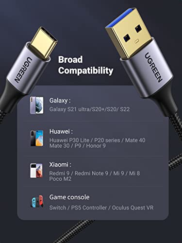 UGREEN USB C Cable 3.0 Fast Charging, 5Gbps Fast Data Transfer USB A to USB C Cable, Nylon Braided Type C Charger Compatible with Galaxy S10/S10+, LG V60/V50/G8, iPad Mini 6, PS5, Switch etc. 3.3FT