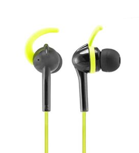 wicked audio fang — earbud headphones for exercise — sweat resistant wired headphones with microphone and track control, tangle-free cord and smart plug — black/lime