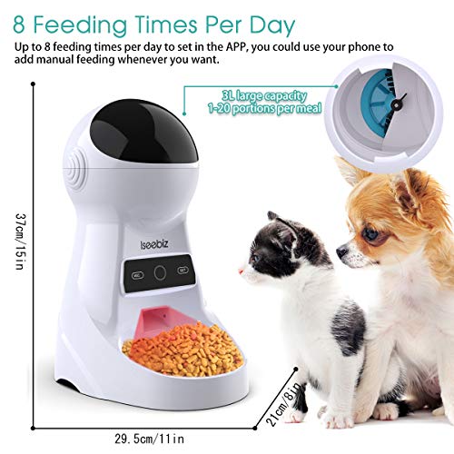 Iseebiz Smart Pet Feeder, Automatic Cat Dog Feeder, 3L WiFi App Control Food Dispenser, 8 Meals Per Day, Voice Record Remind, Portion Control, Timer Programmable, IR Detect, for Medium Small Cats Dog