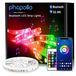 phopollo led strip light, 32.8ft led light strips with remote & app,music sync mode with mic, smart flexible12v led lights for bedroom ceiling, party,stairs.
