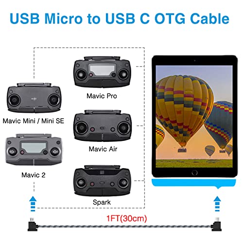 1FT Micro to USB C Remote Controller Cable for DJI Mavic Mini,Mini SE,Mavic 2 Pro/Zoom,Mavic Air,Mavic Pro, Spark, DJI Drone to Phone/Tablet Cable 90 Degree OTG Data Cord Accessories (USB C Connector)