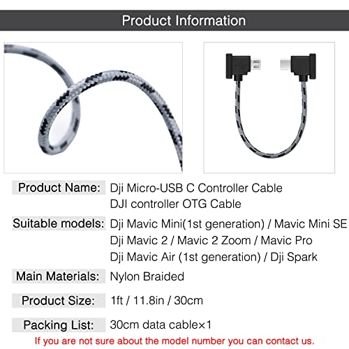 1FT Micro to USB C Remote Controller Cable for DJI Mavic Mini,Mini SE,Mavic 2 Pro/Zoom,Mavic Air,Mavic Pro, Spark, DJI Drone to Phone/Tablet Cable 90 Degree OTG Data Cord Accessories (USB C Connector)