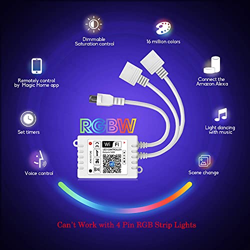 Smart WiFi RGBW LED Controller 2-Output 5 Pin with 24-Key Remote,Compatible with Alexa&Google Assistant,Voice/APP/Music Control Strip Lights for Android/iOS System,WiFi LED Controller Only(New)