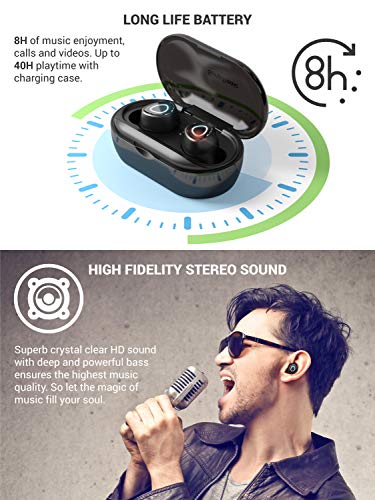 SimpTronic Tech True Wireless Earbuds Bluetooth 5.0 Headphones in-Ear TWS Mini Headset for Sport Extra Bass Stereo Earphones HD Sound IPX7 Waterproof Noise Cancelling Mic 44-50 Hours Playtime Black