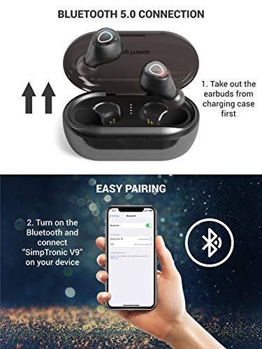 SimpTronic Tech True Wireless Earbuds Bluetooth 5.0 Headphones in-Ear TWS Mini Headset for Sport Extra Bass Stereo Earphones HD Sound IPX7 Waterproof Noise Cancelling Mic 44-50 Hours Playtime Black