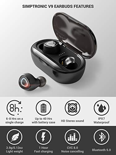 SimpTronic Tech True Wireless Earbuds Bluetooth 5.0 Headphones in-Ear TWS Mini Headset for Sport Extra Bass Stereo Earphones HD Sound IPX7 Waterproof Noise Cancelling Mic 44-50 Hours Playtime Black