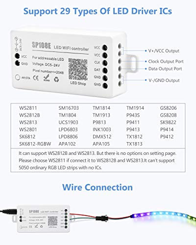 ALITOVE WS2812B WS2811 WS2801 LED WiFi Controller, iOS Android App Wireless Remote Control DC 5V~24V SP108E for SK6812 SK6812-RGBW WS2812 WS2813 WS2815 AL2815 Digital Addressable RGB LED Pixels Strip