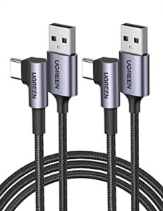 ugreen usb c charging cable, 2-pack right angle 3a fast charge qc3.0 usb a to usb c cable, nylon braided cord compatible with galaxy s10/s10+, ipad mini 6, pixel 7, switch, etc. 6.6ft