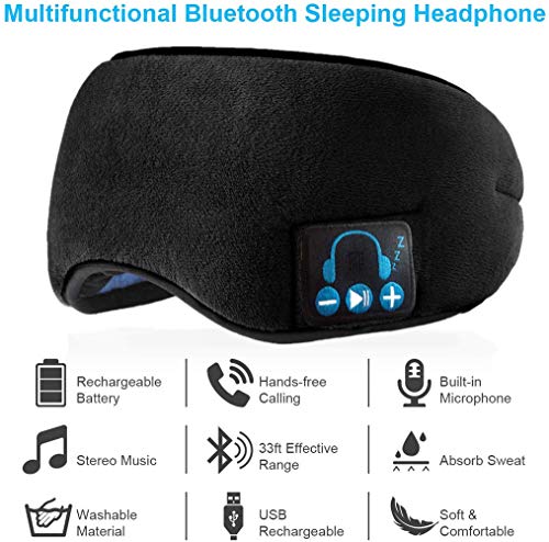 Wireless Sleep Eye Mask with Bluetooth Headphones Sleeping Headphones Soft Cotton Music Headsets Sleep Eye Shades Built-in Speakers Microphone Handsfree Adjustable Strap Washable for Women Men Gift
